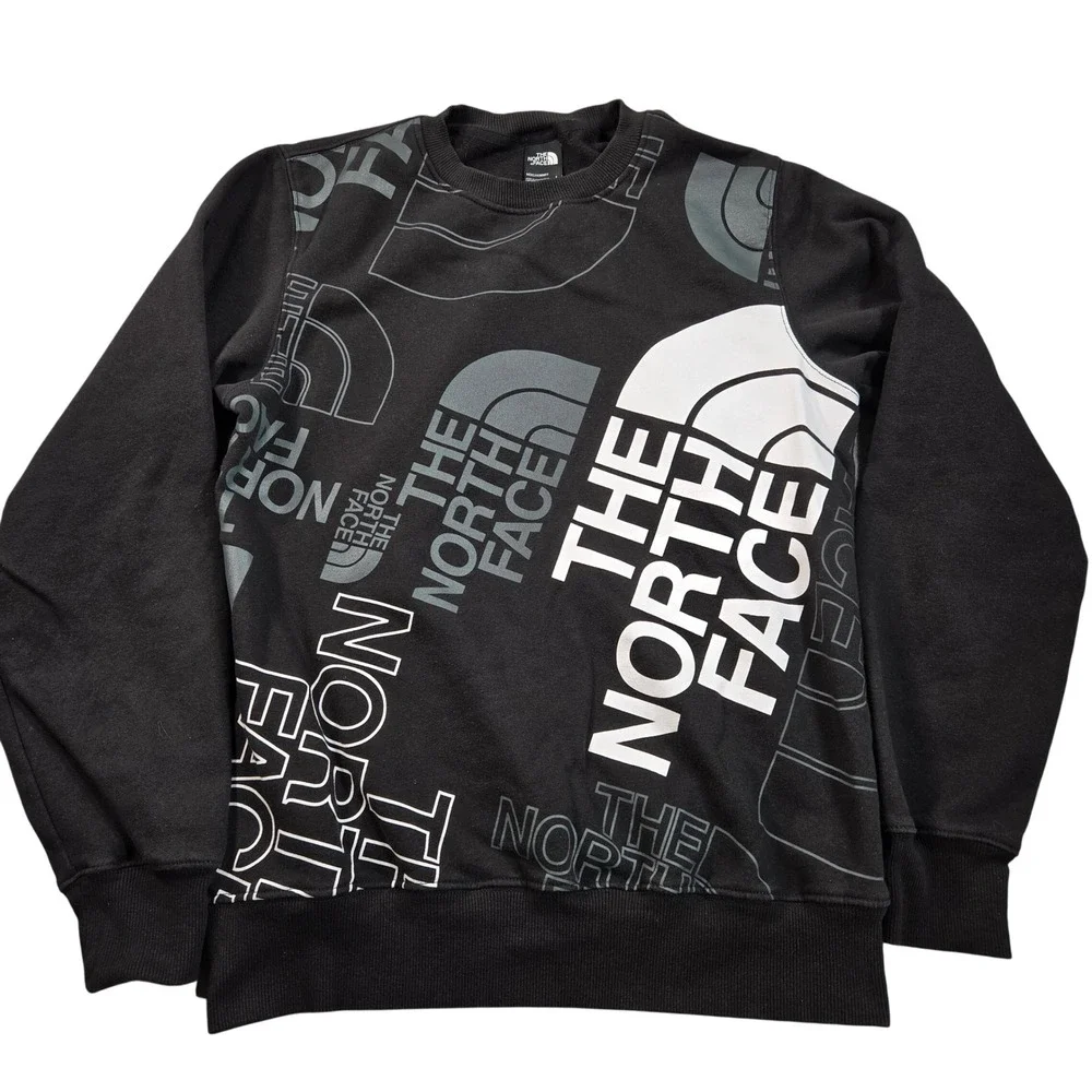 The North Face Sweatshirt Mens Small Black All Over Multi Logo Graphic Crewneck